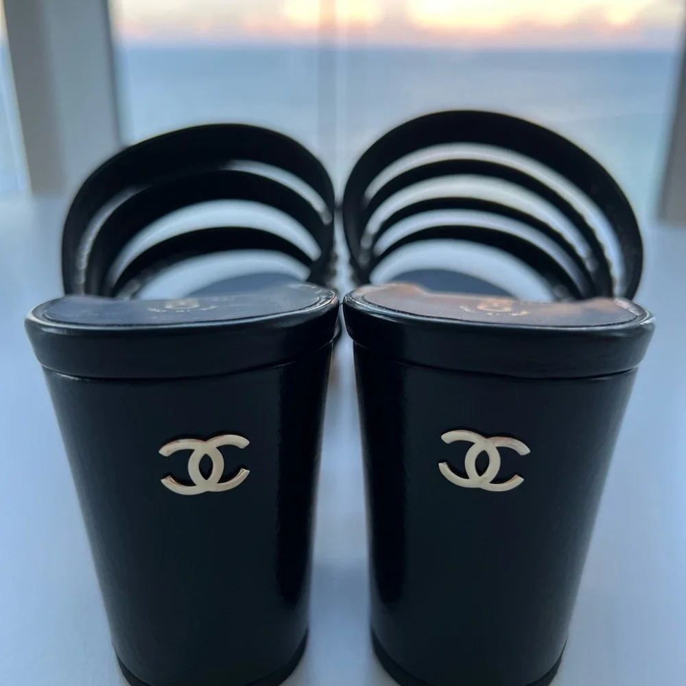 CHANEL Black Pearl-Embellished Strappy Block Heel Sandals